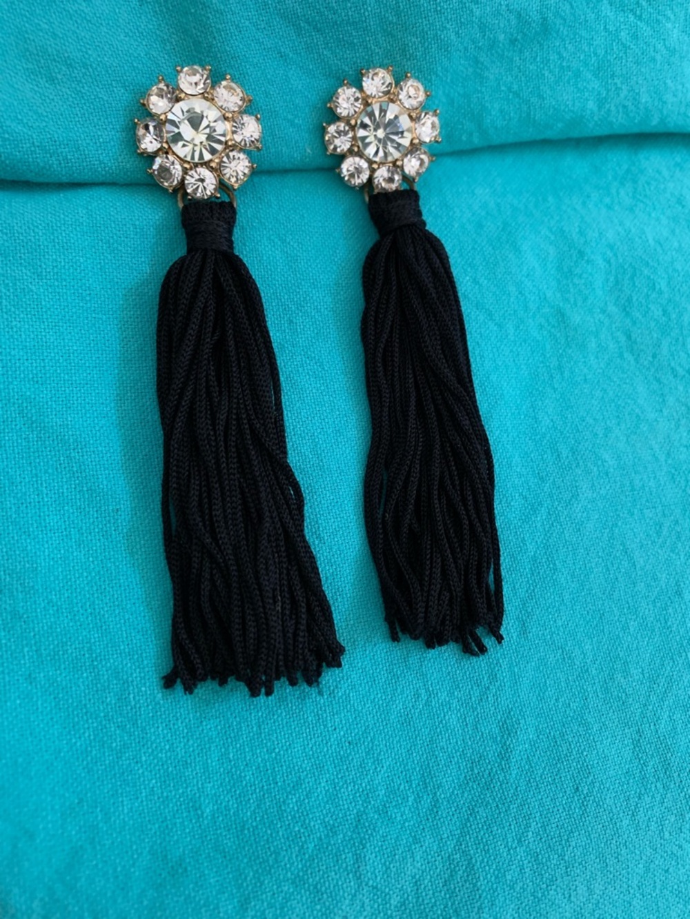 Crystal flower, black tassel earrings